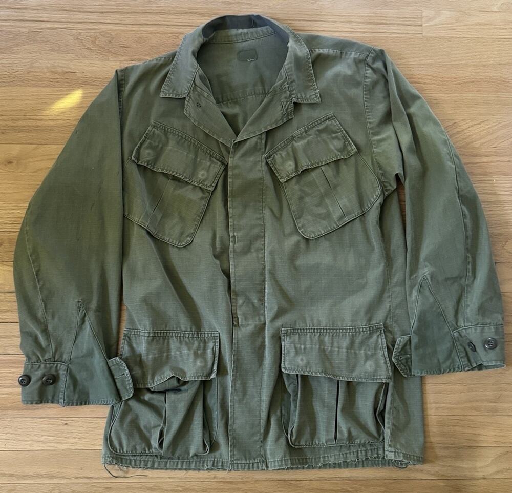 60s US Army Jungle Jacket 3rd Pattern OG-107 Ripstop Field Shirt Vietnam S